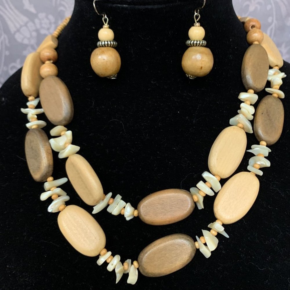 Vintage Wood Bead Necklace and Pierced Earrings, Two Tone Iridescent Shell Beads